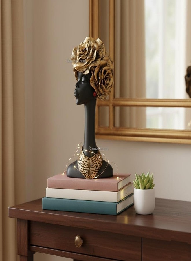 Ramashram African Lady Resin Bust Statue with Golden Rose Headpiece I Elegant Home Decor Figurine for Living Room & Office - 11 Inch - Image 1